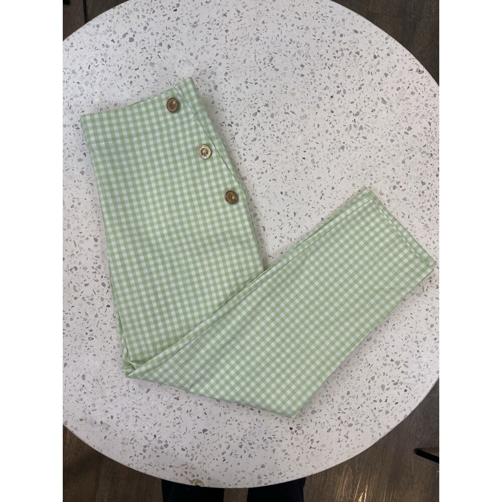 Zara Womens Large Pants Gingham Plaid Tapered Elastic Waist Green Easter Preppy